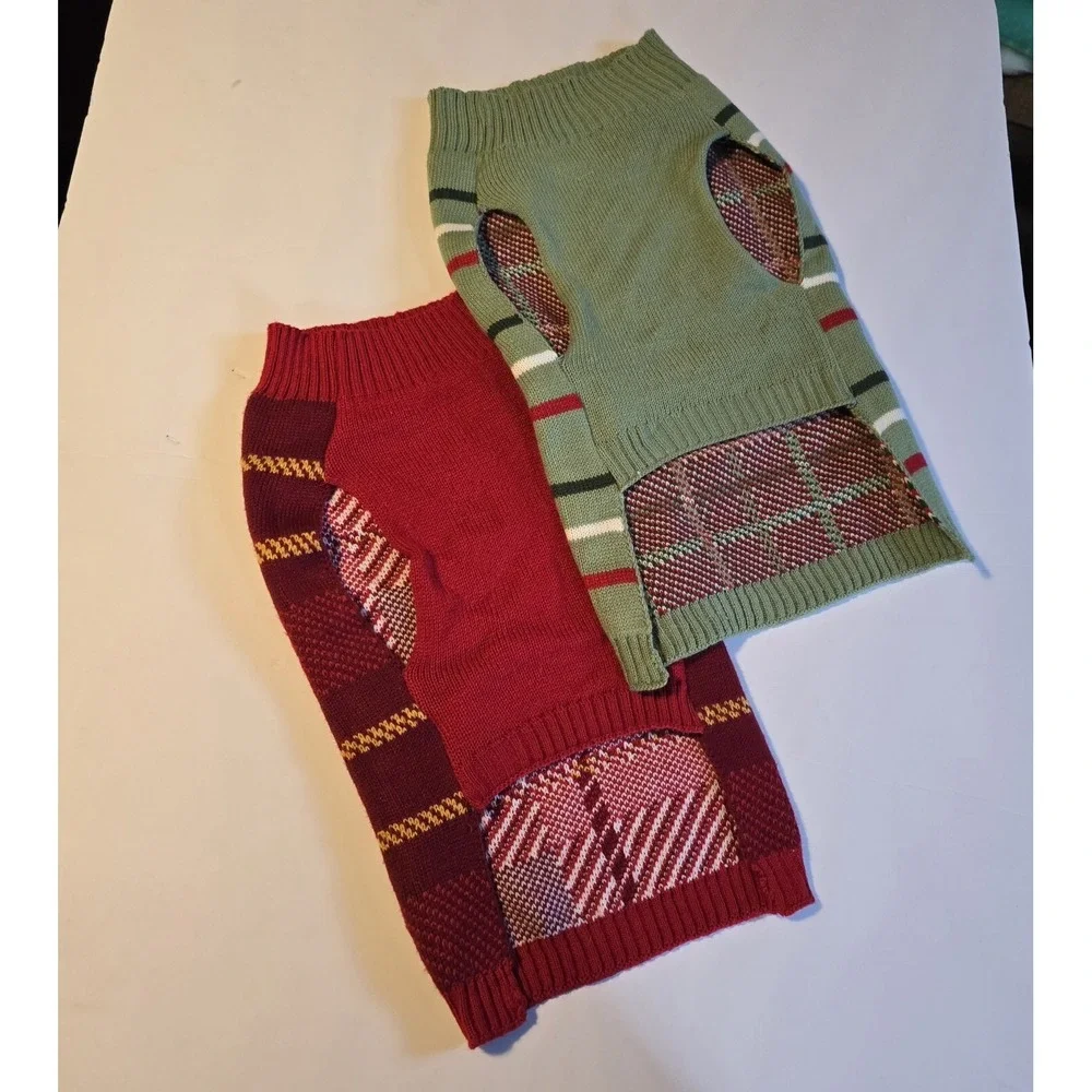 Heart To Tail Dog Knit Sweaters LG Plaid Set of 2 Red Green Winter Warm Walk